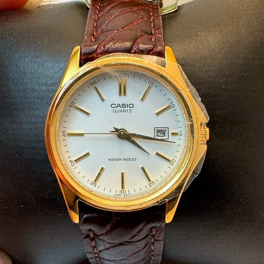 Women’s Casio analog classic watch brown leather band white LTP – 1183Q – H33